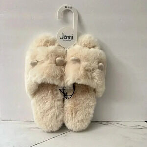 Jenni Faux Fur Slippers Size XL 11-12 Ivory Beige Open Toe With Ear Details